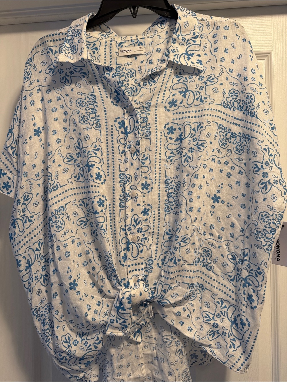 Sonoma White and Blue Floral Bandana Tie-Front Button Down Shirt